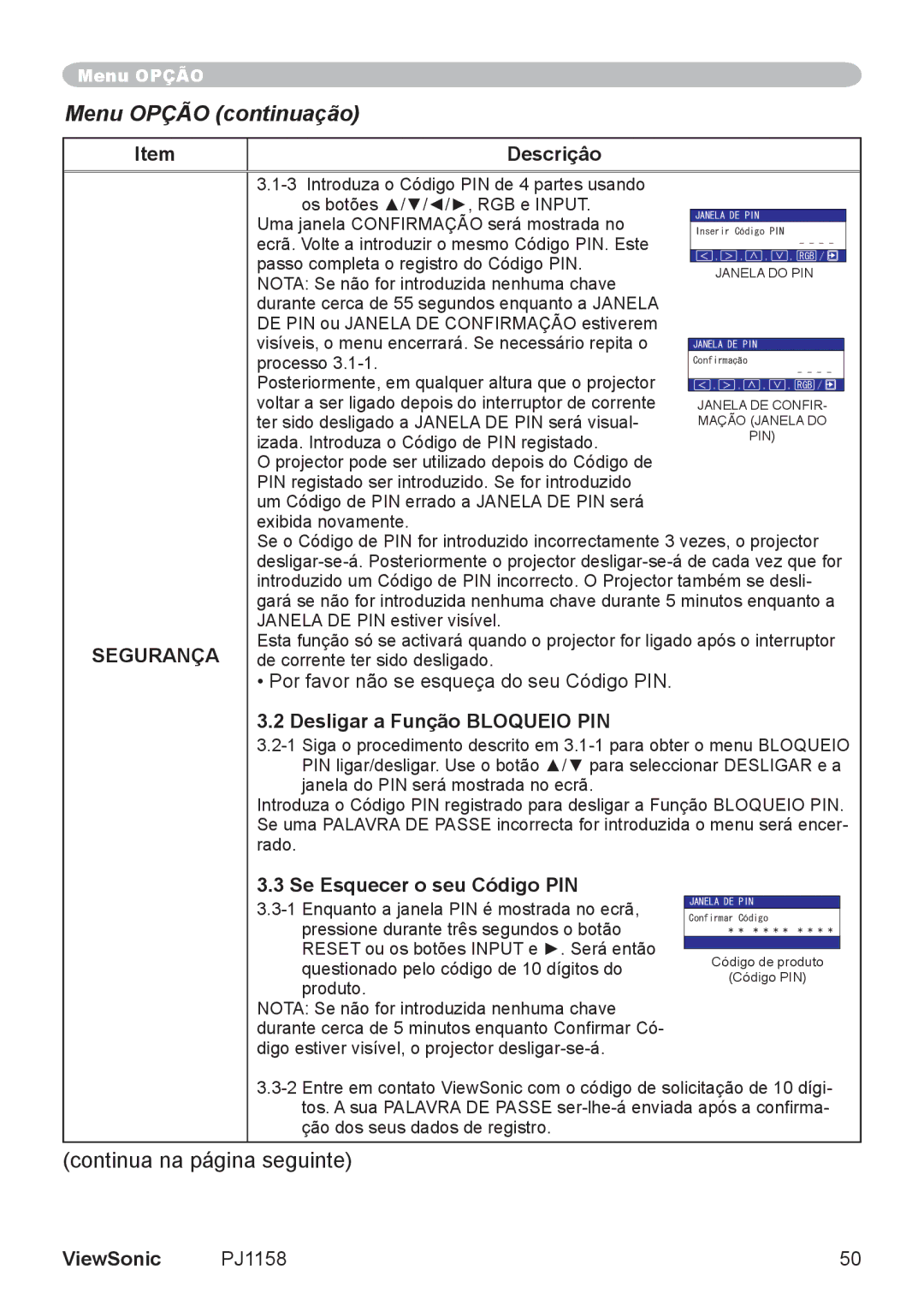 ViewSonic VS11459 Por favor não se esqueça do seu Código PIN, Desligar a Função Bloqueio PIN, Se Esquecer o seu Código PIN 