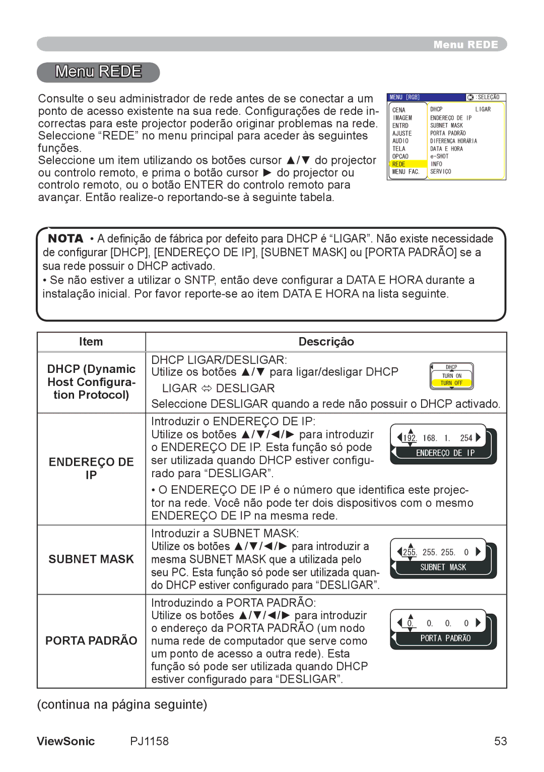 ViewSonic VS11459 manual Menu Rede, Endereço DE, Subnet Mask, Porta Padrão 