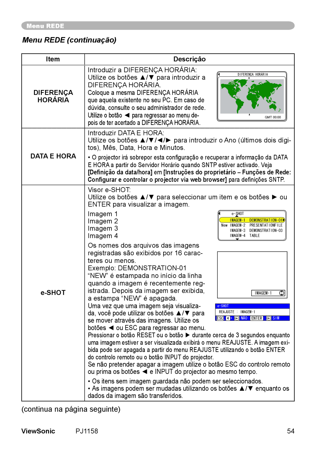 ViewSonic VS11459 manual Menu Rede continuação, Diferença, Horária, Data E Hora, Shot 