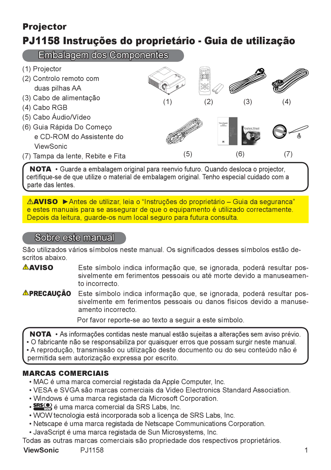 ViewSonic VS11459 Embalagem dos Componentes, Sobre este manual, Marcas Comerciais, ViewSonic PJ1158 