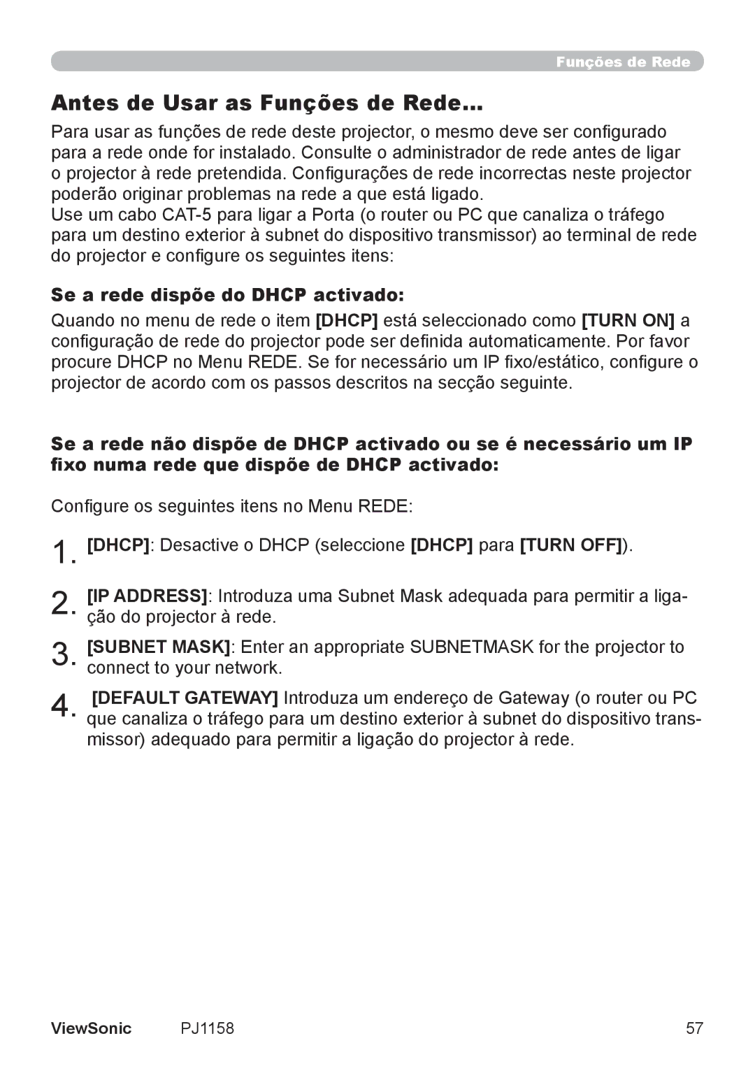 ViewSonic VS11459 manual Antes de Usar as Funções de Rede…, Se a rede dispõe do Dhcp activado 