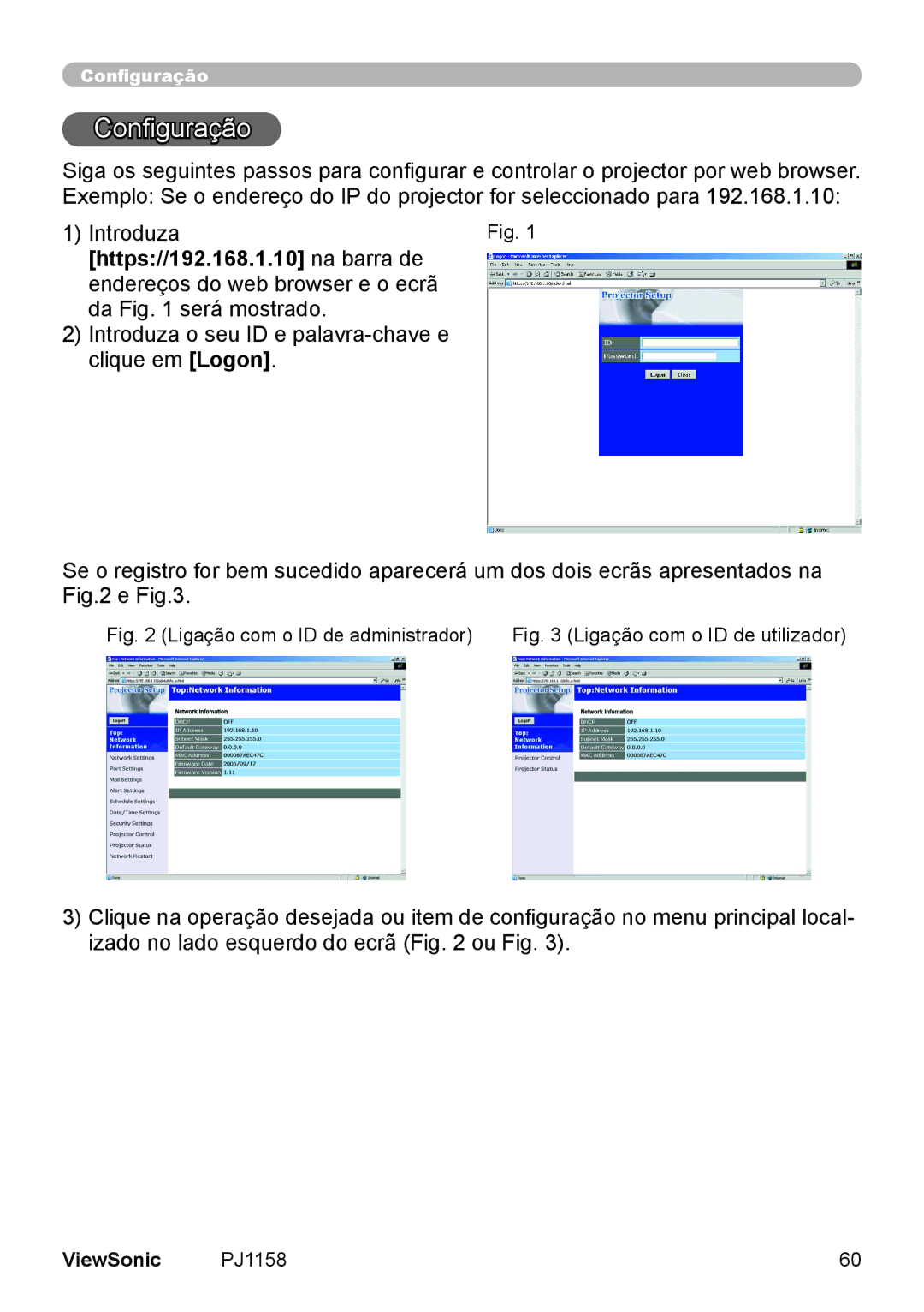 ViewSonic VS11459 manual Configuração, Https//192.168.1.10 na barra de 