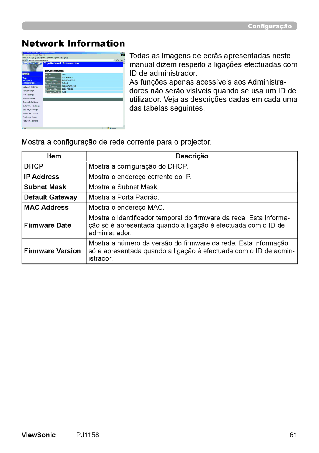 ViewSonic VS11459 manual Network Information, Dhcp 