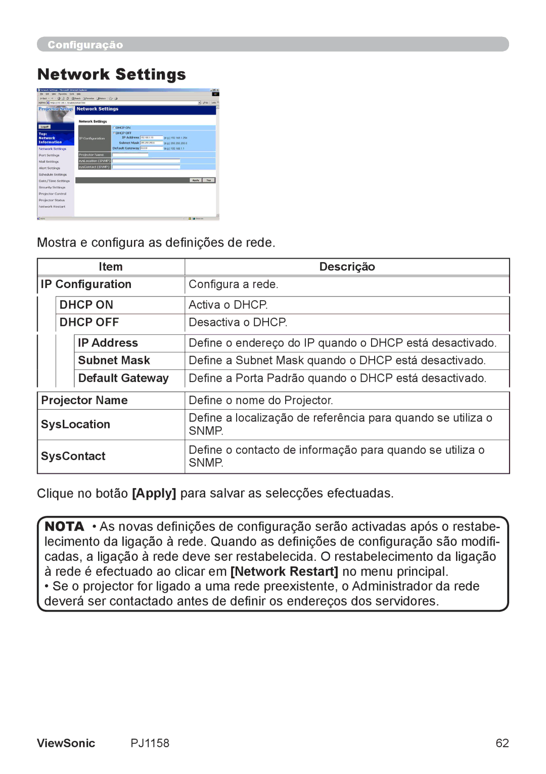 ViewSonic VS11459 manual Network Settings, Mostra e configura as definições de rede, Dhcp on, Dhcp OFF, Snmp 