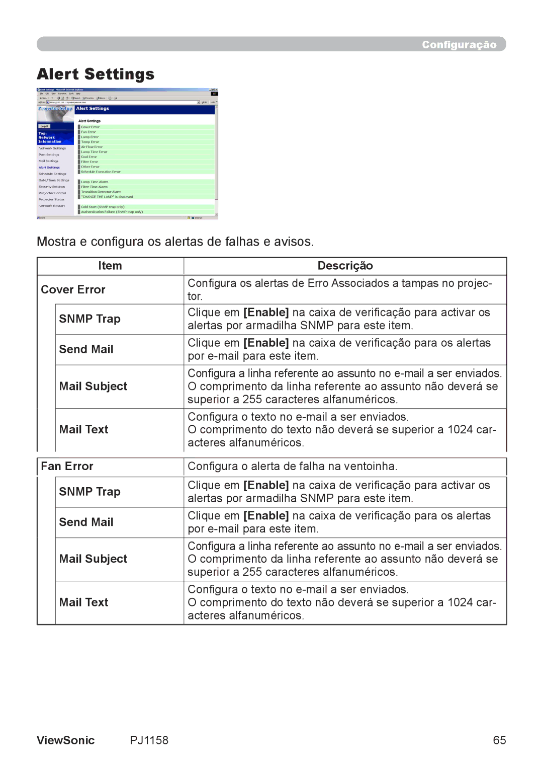 ViewSonic VS11459 manual Alert Settings, Mostra e configura os alertas de falhas e avisos 