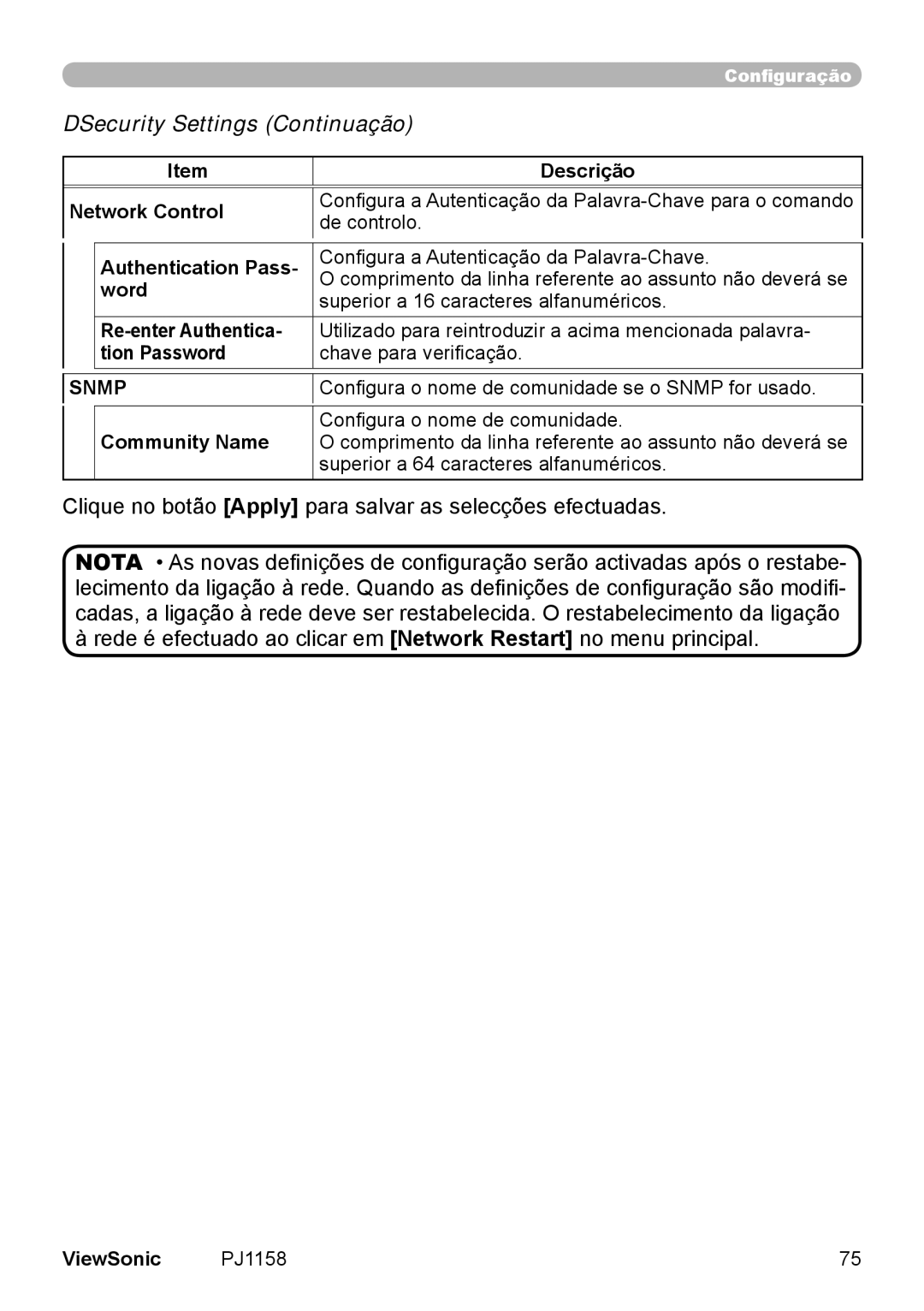 ViewSonic VS11459 manual DSecurity Settings Continuação 