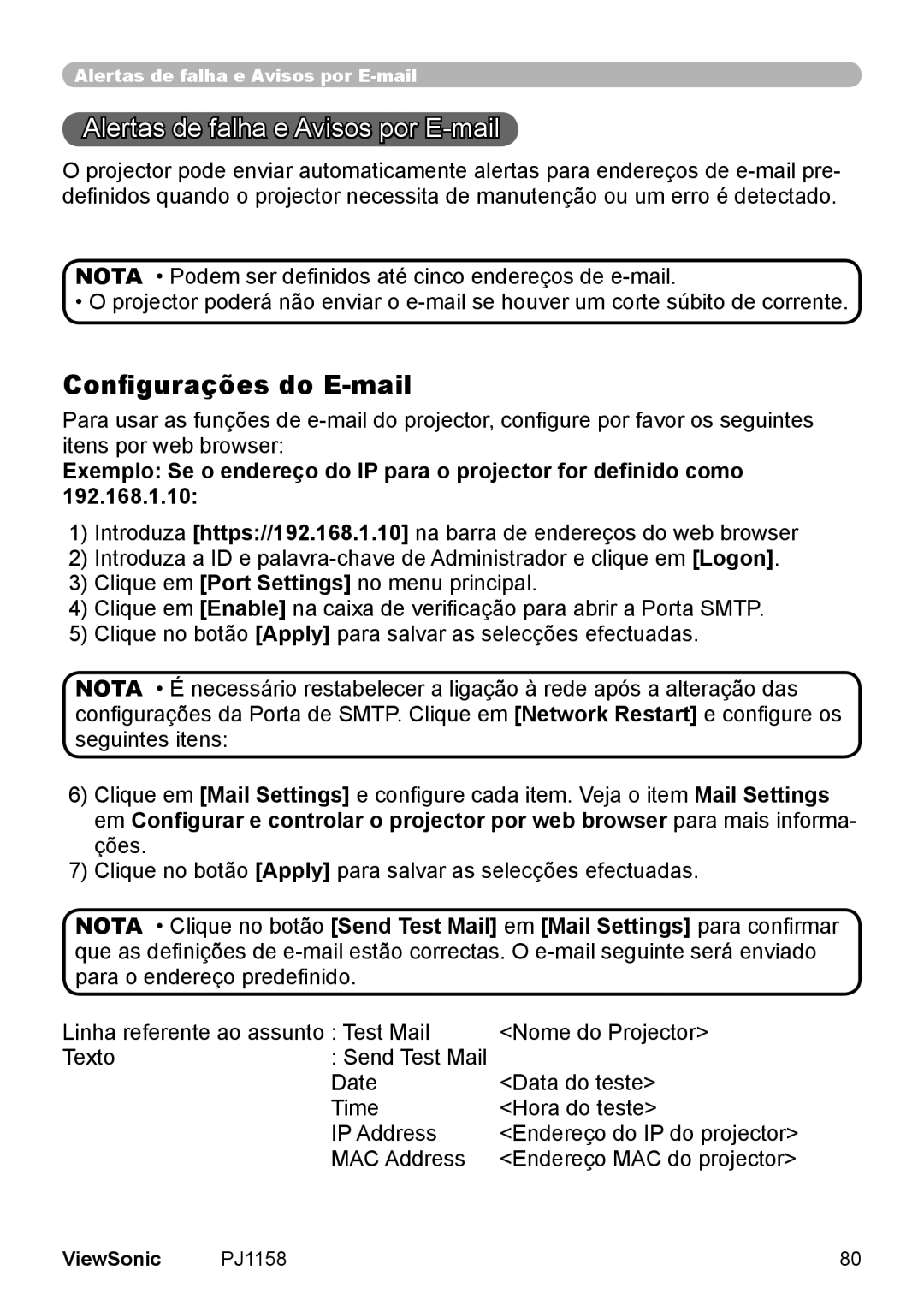 ViewSonic VS11459 manual Alertas de falha e Avisos por E -mail, Configurações do E-mail 