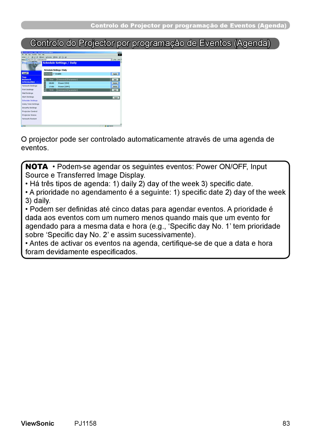 ViewSonic VS11459 manual Controlo do Projector por programação de Eventos Agenda 