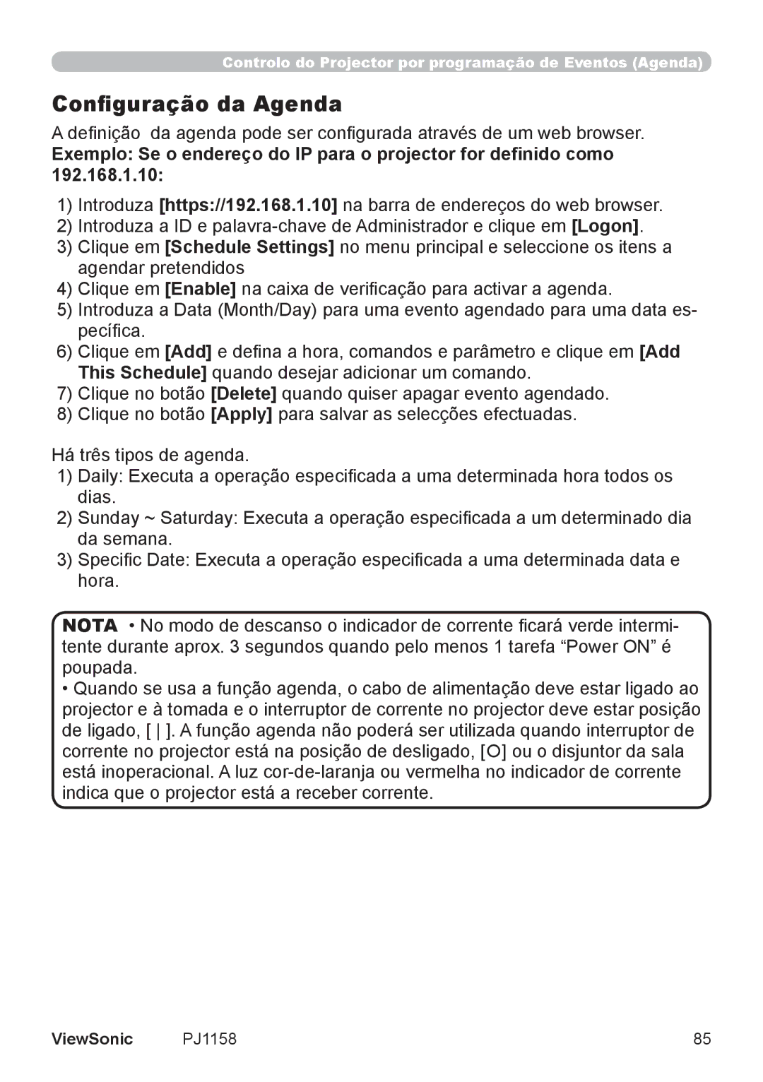 ViewSonic VS11459 manual Configuração da Agenda 