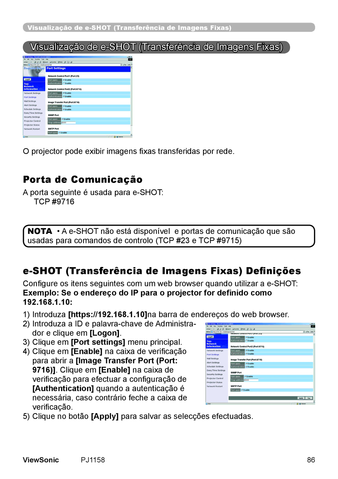 ViewSonic VS11459 manual Visualização de e-SHOT Transferência de Imagens Fixas, Porta de Comunicação 