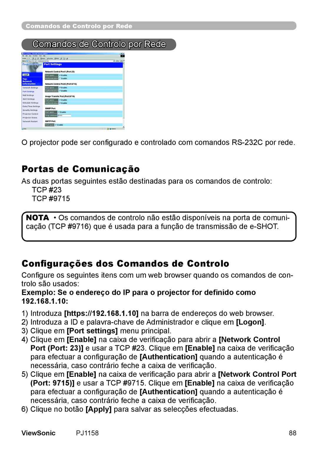 ViewSonic VS11459 manual Comandos de Controlo por Rede, Portas de Comunicação, Configurações dos Comandos de Controlo 