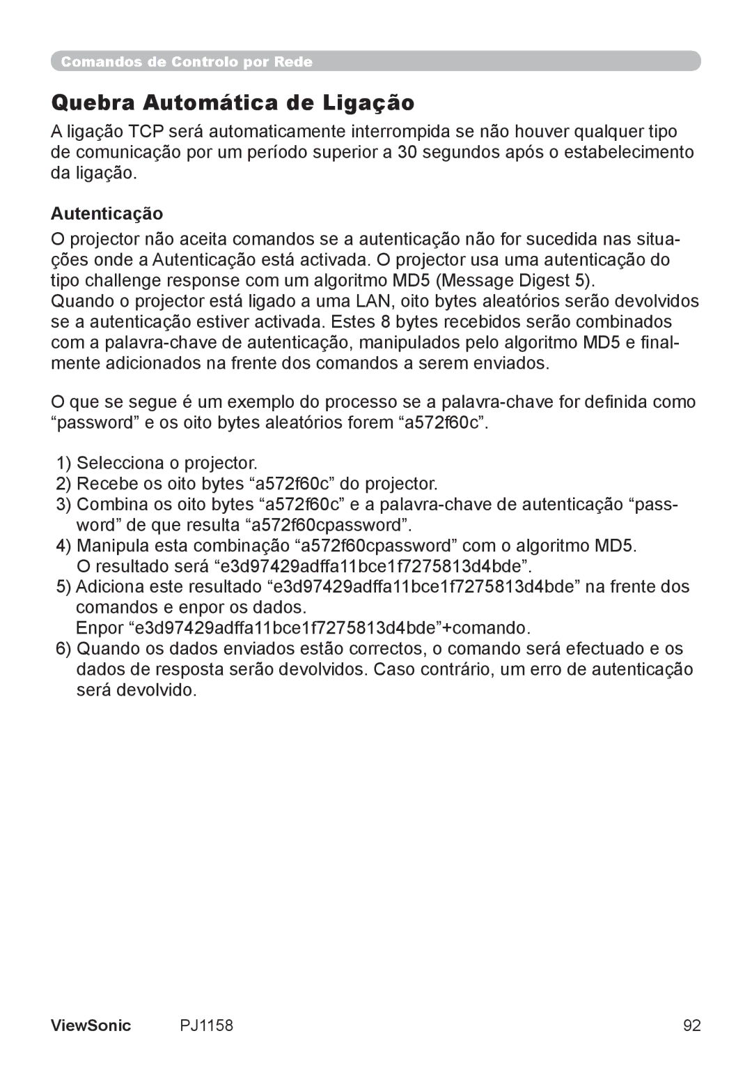 ViewSonic VS11459 manual Quebra Automática de Ligação, Autenticação 