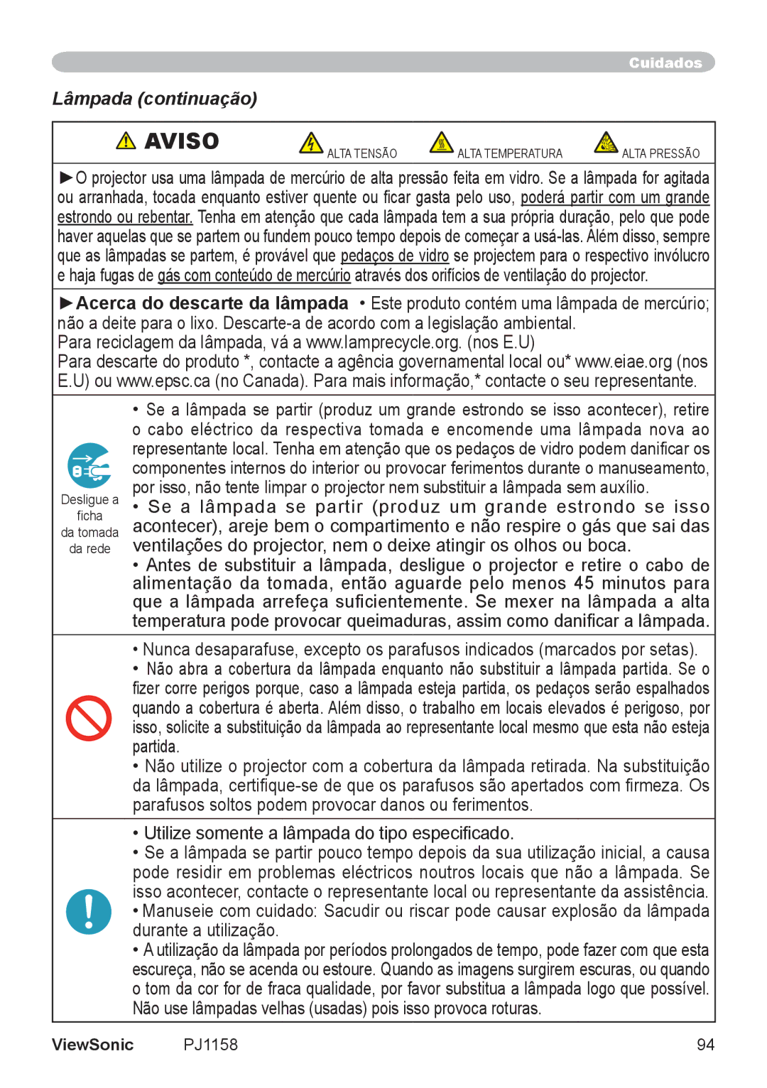 ViewSonic VS11459 manual Lâmpada continuação 