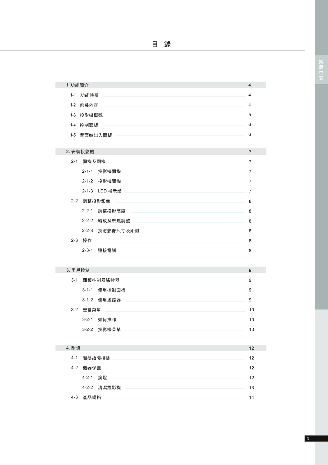 ViewSonic VS11481 manual 功能簡介, 3投影機概觀, 5背面輸出入面板 安裝投影機 1開機及關機, 2調整投影影像, 2縮放及聚焦調整 3投射影像尺寸及距離, 用戶控制 1面板控制及遙控器, 1簡易故障排除 