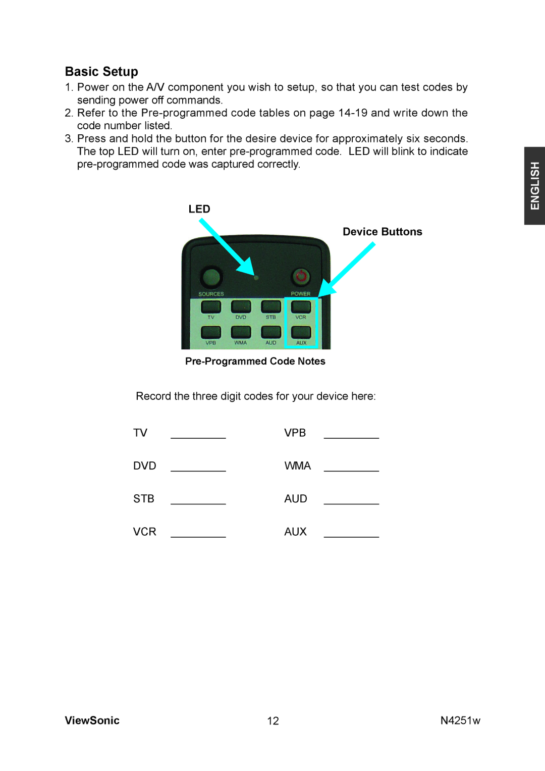 ViewSonic VS11502-1M manual Basic Setup, Device Buttons 