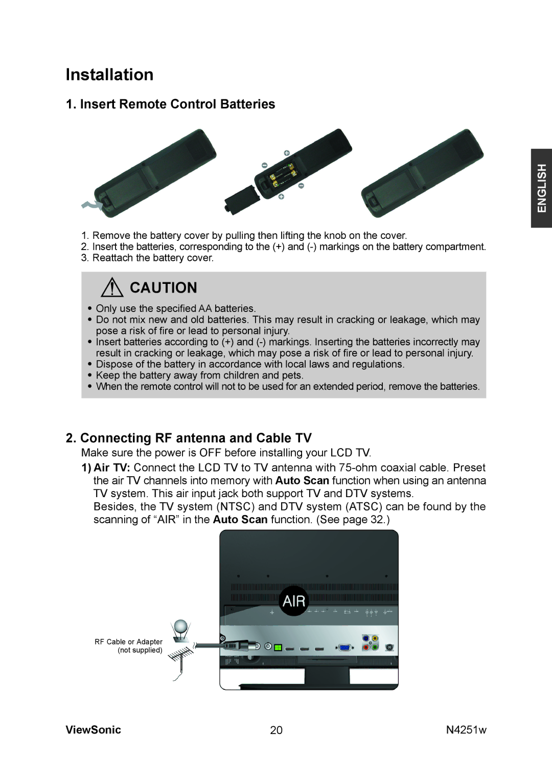 ViewSonic VS11502-1M manual Installation, Insert Remote Control Batteries, Connecting RF antenna and Cable TV 