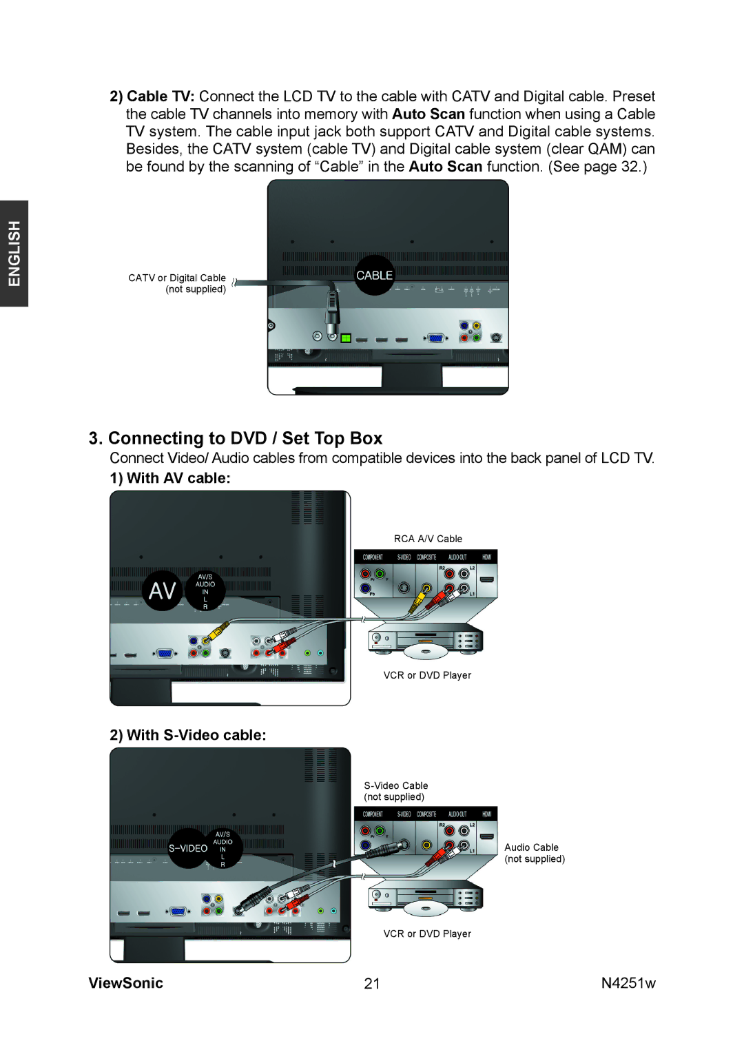 ViewSonic VS11502-1M manual Connecting to DVD / Set Top Box, With AV cable, With S-Video cable 