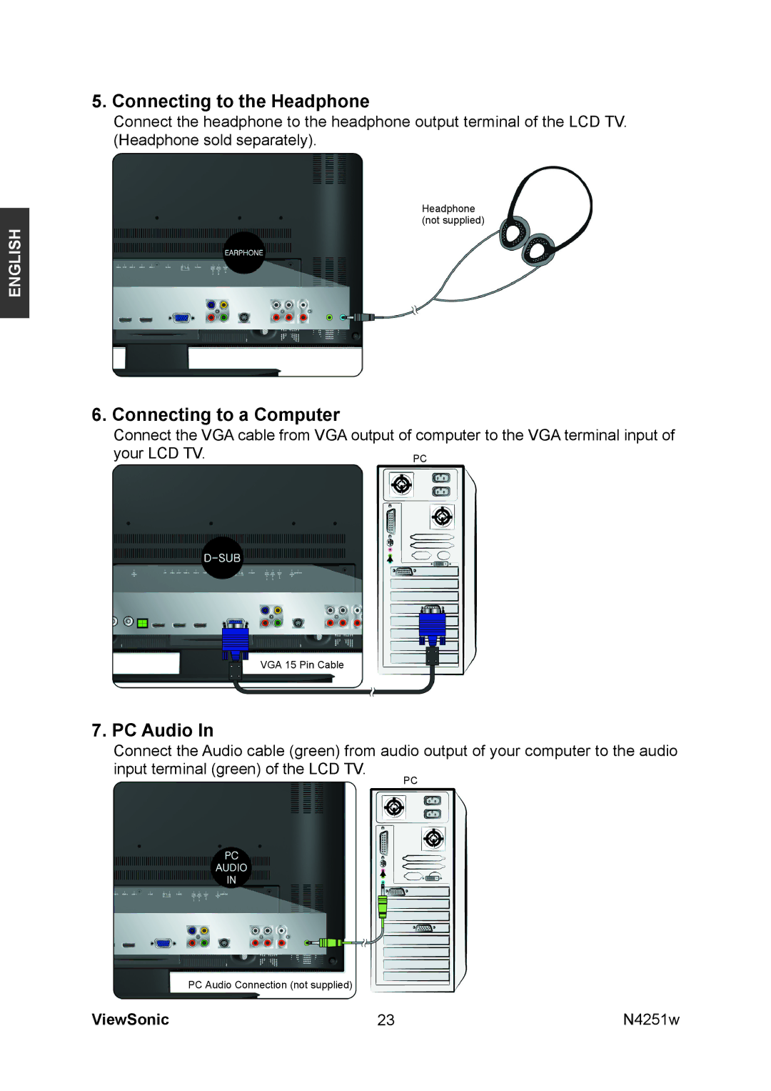 ViewSonic VS11502-1M manual Connecting to the Headphone, Connecting to a Computer, PC Audio 