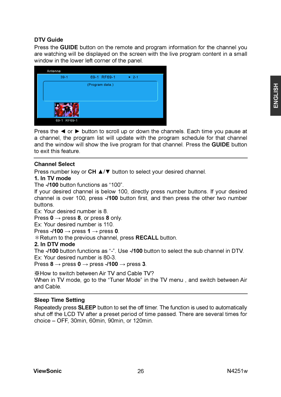 ViewSonic VS11502-1M manual DTV Guide, Channel Select, DTV mode, Sleep Time Setting 