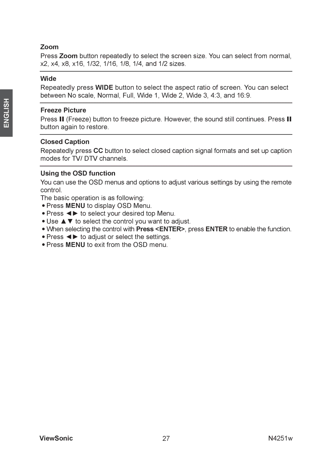 ViewSonic VS11502-1M manual Zoom, Wide, Freeze Picture, Closed Caption, Using the OSD function 