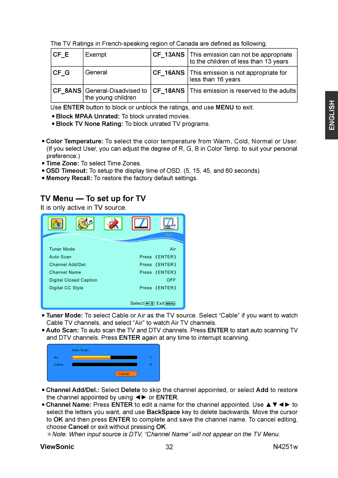 ViewSonic VS11502-1M manual TV Menu To set up for TV, CF18ANS 