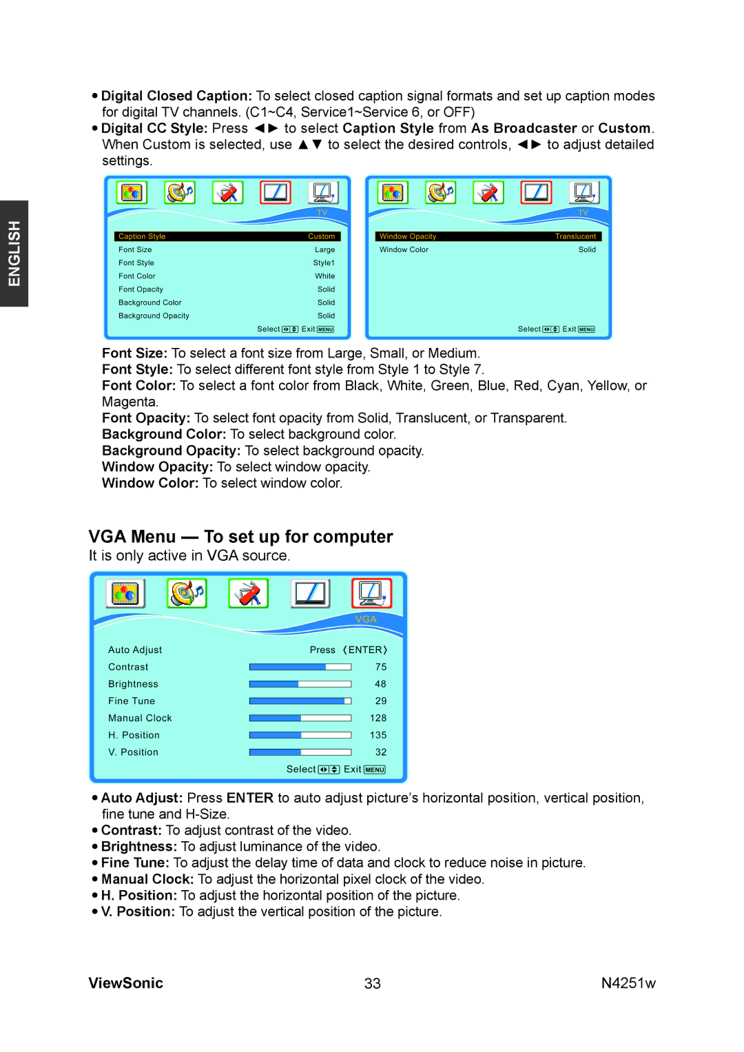 ViewSonic VS11502-1M manual VGA Menu To set up for computer, It is only active in VGA source 