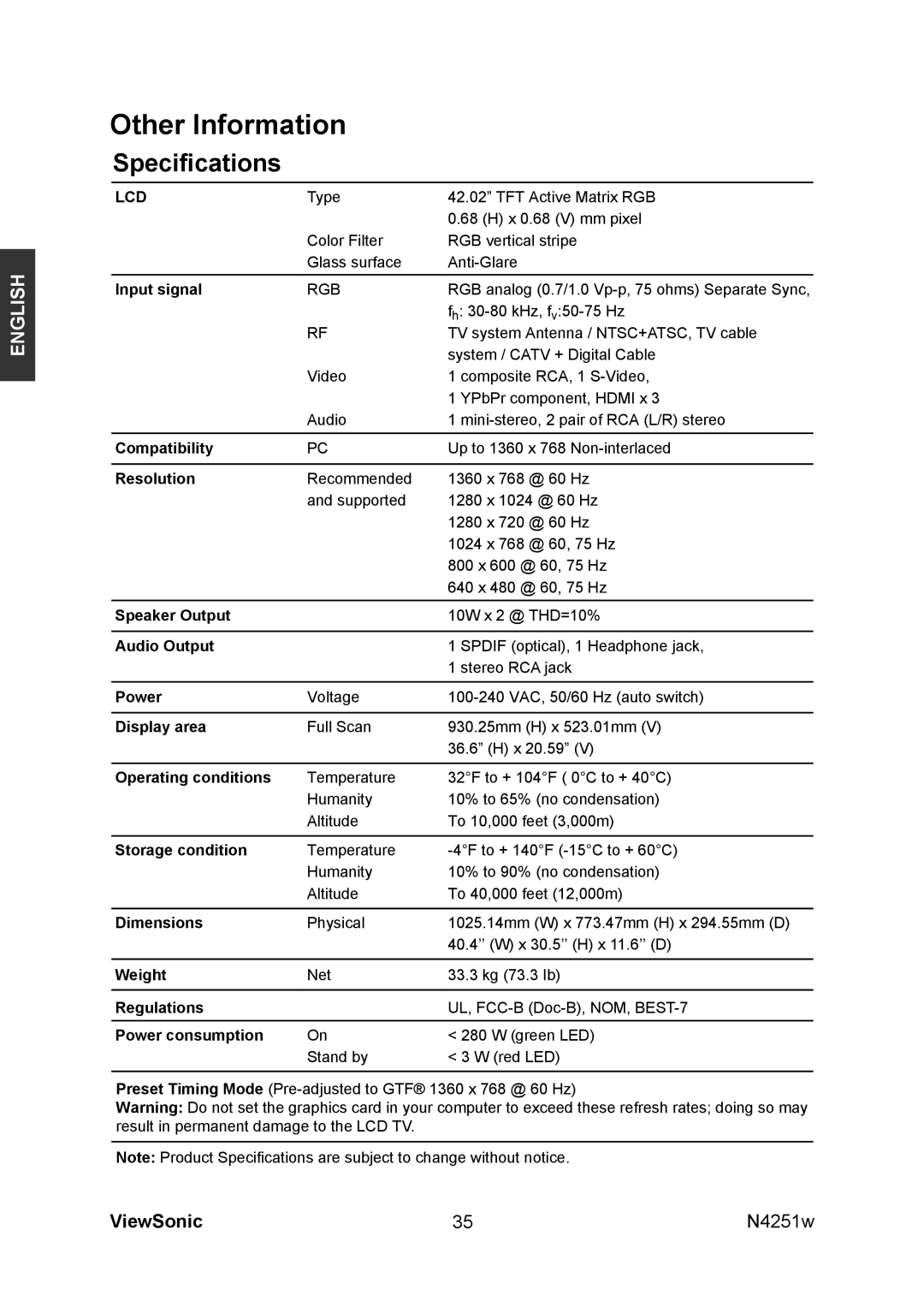 ViewSonic VS11502-1M manual Speciﬁcations 