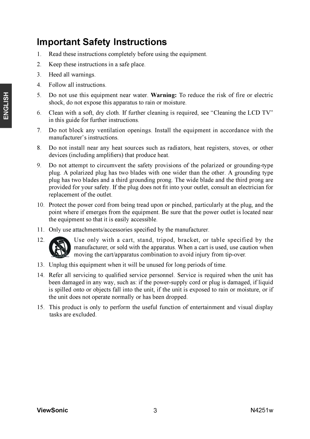 ViewSonic VS11502-1M manual Important Safety Instructions 