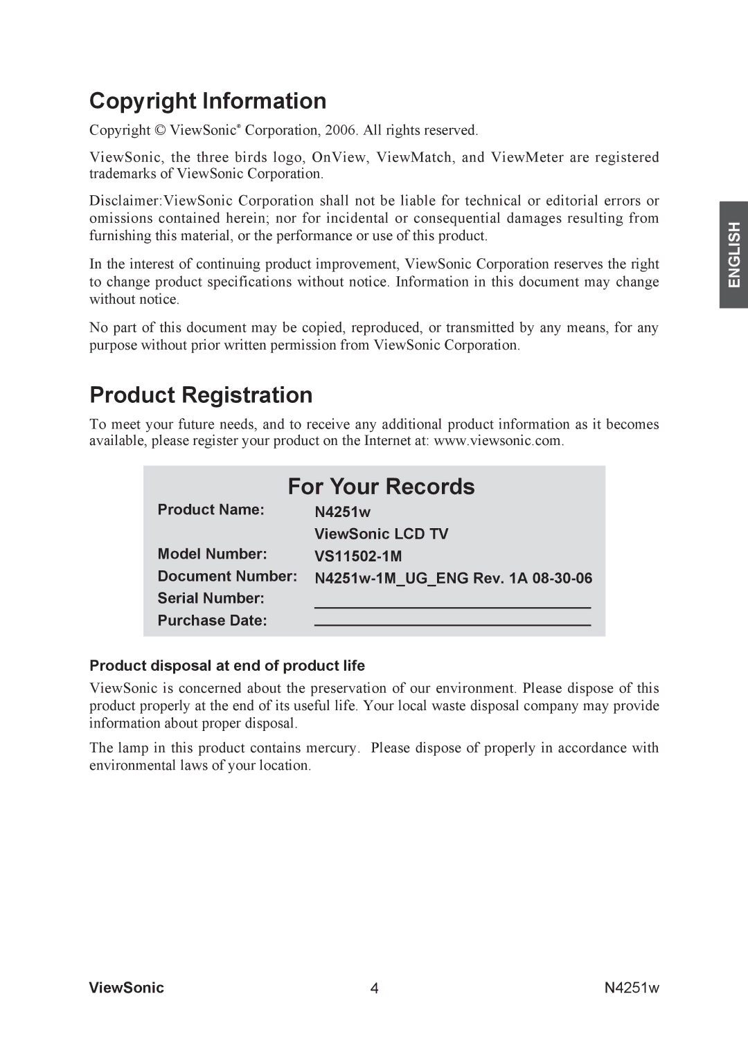 ViewSonic VS11502-1M manual Copyright Information, Product Registration For Your Records 