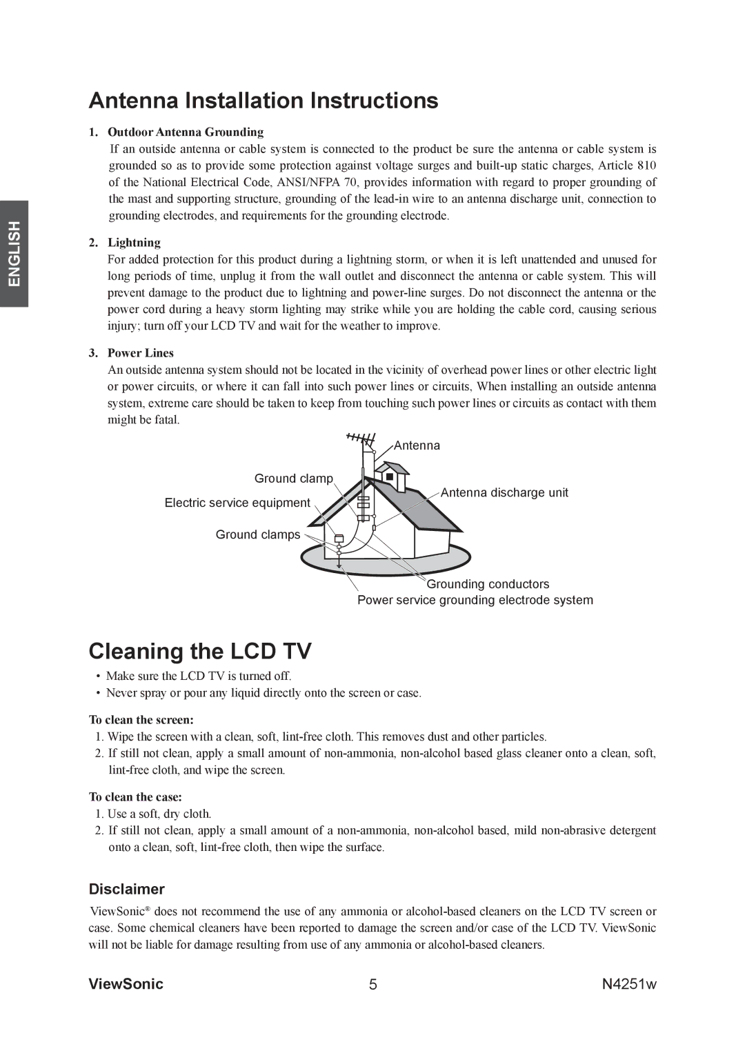 ViewSonic VS11502-1M manual Antenna Installation Instructions, Cleaning the LCD TV, Disclaimer 