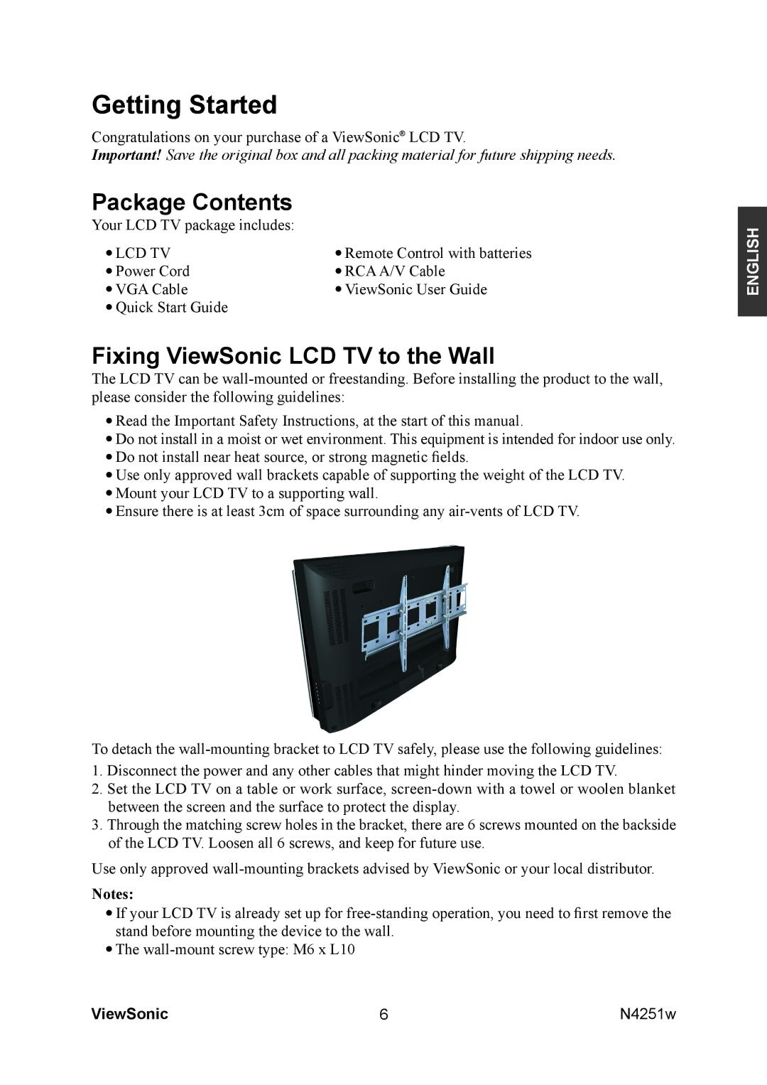 ViewSonic VS11502-1M manual Package Contents, Fixing ViewSonic LCD TV to the Wall 