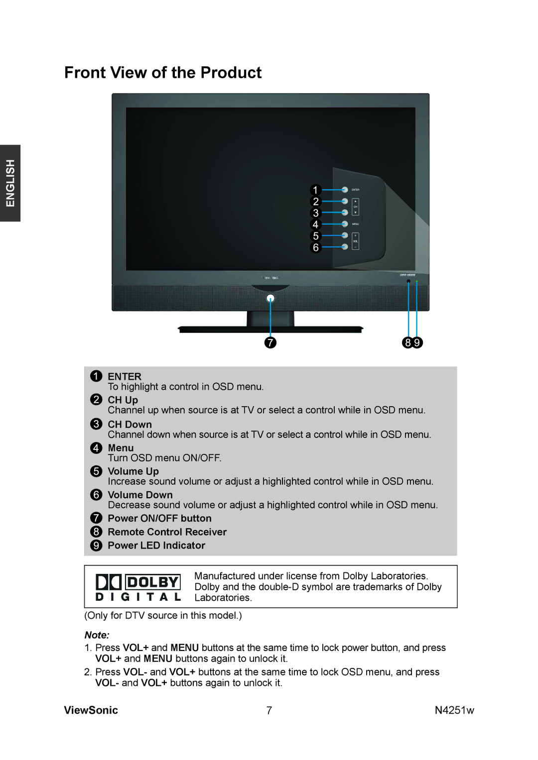 ViewSonic VS11502-1M manual Front View of the Product, Enter 