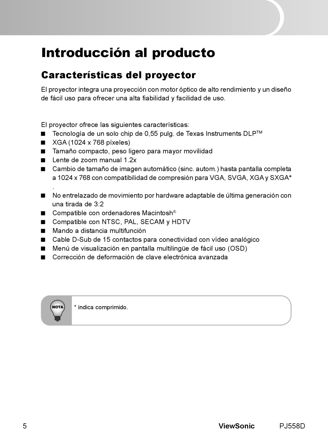 ViewSonic VS11529 manual Introducción al producto, Características del proyector 