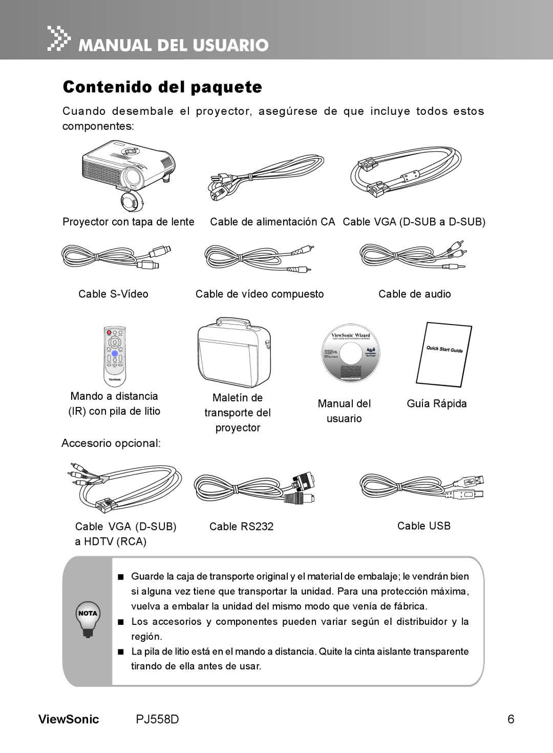 ViewSonic VS11529 manual Contenido del paquete 