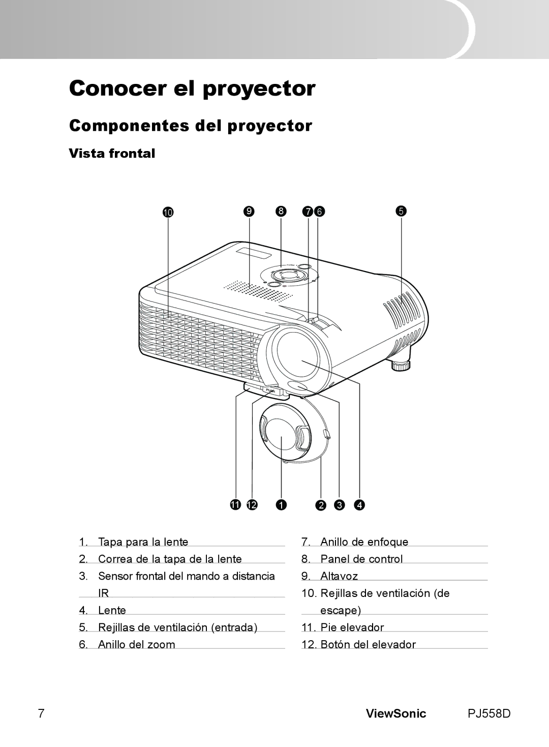 ViewSonic VS11529 manual Conocer el proyector, Componentes del proyector, Vista frontal 