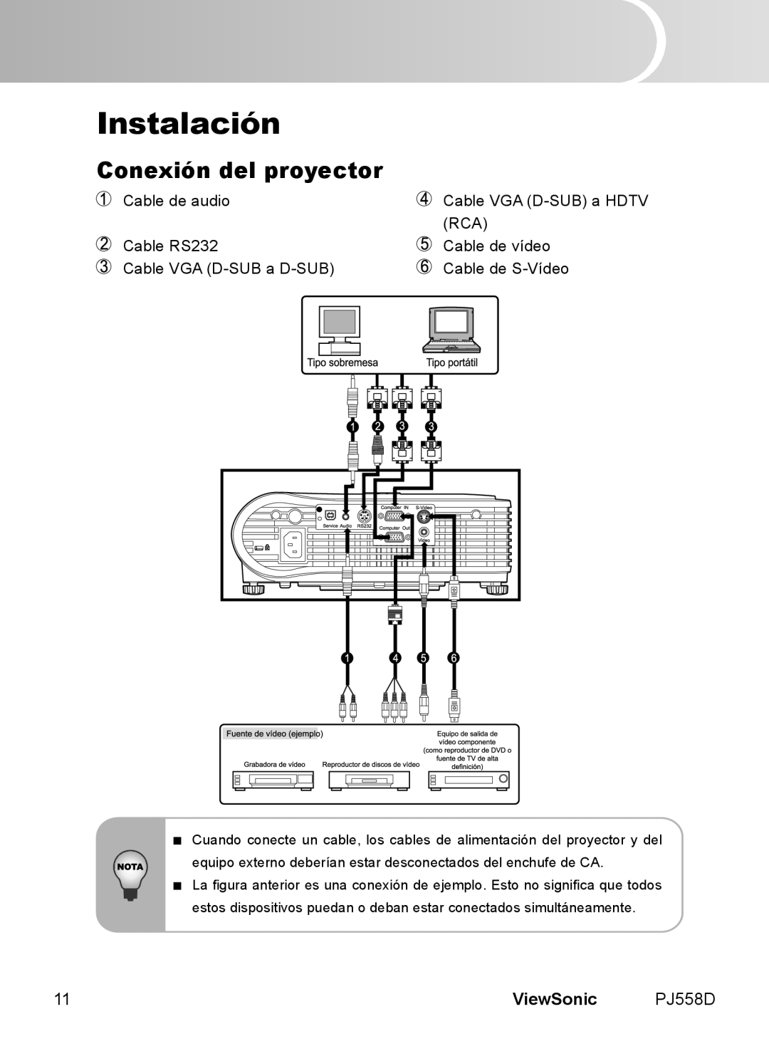 ViewSonic VS11529 manual Instalación, Conexión del proyector 