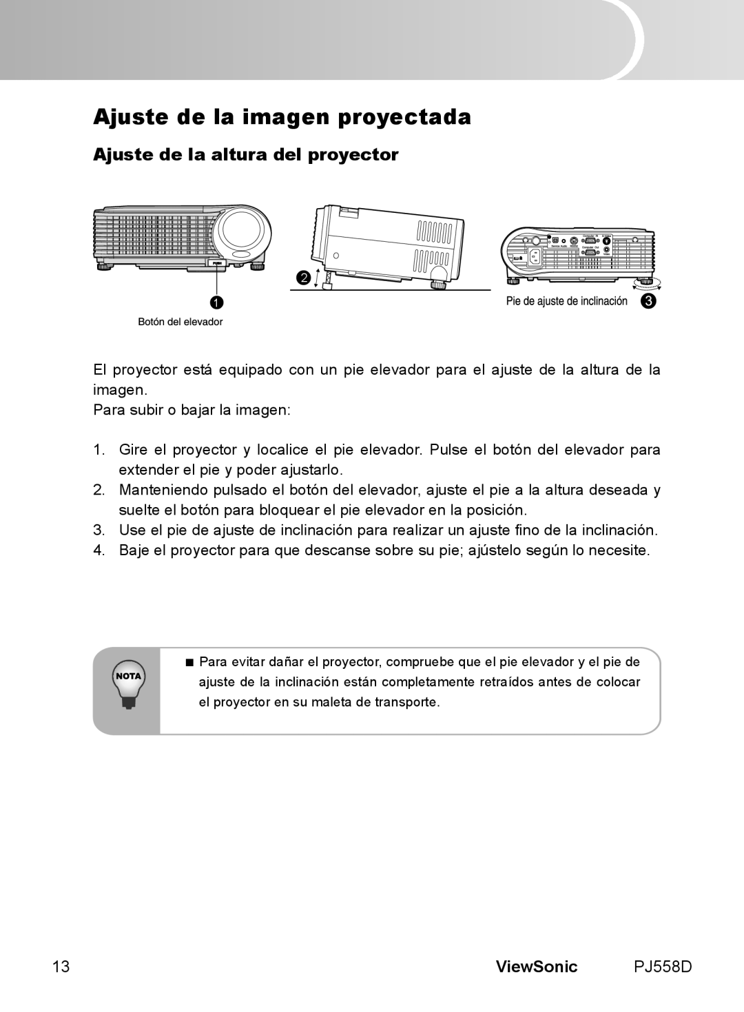 ViewSonic VS11529 manual Ajuste de la imagen proyectada, Ajuste de la altura del proyector 