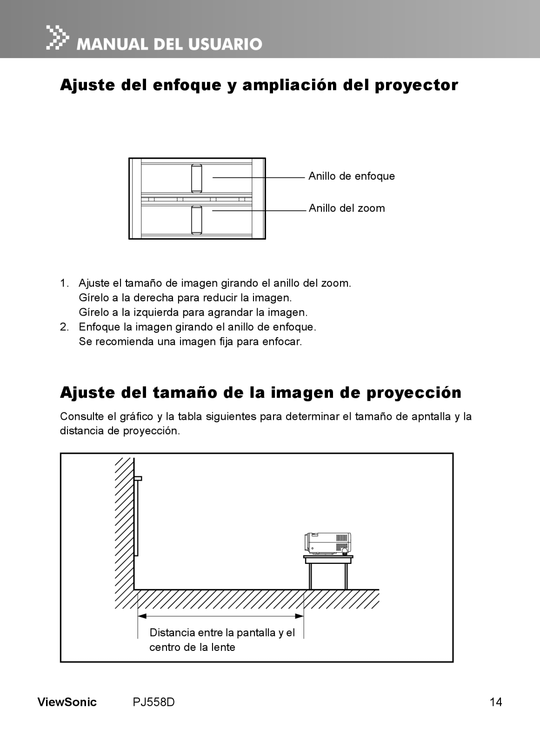 ViewSonic VS11529 manual Ajuste del enfoque y ampliación del proyector, Ajuste del tamaño de la imagen de proyección 