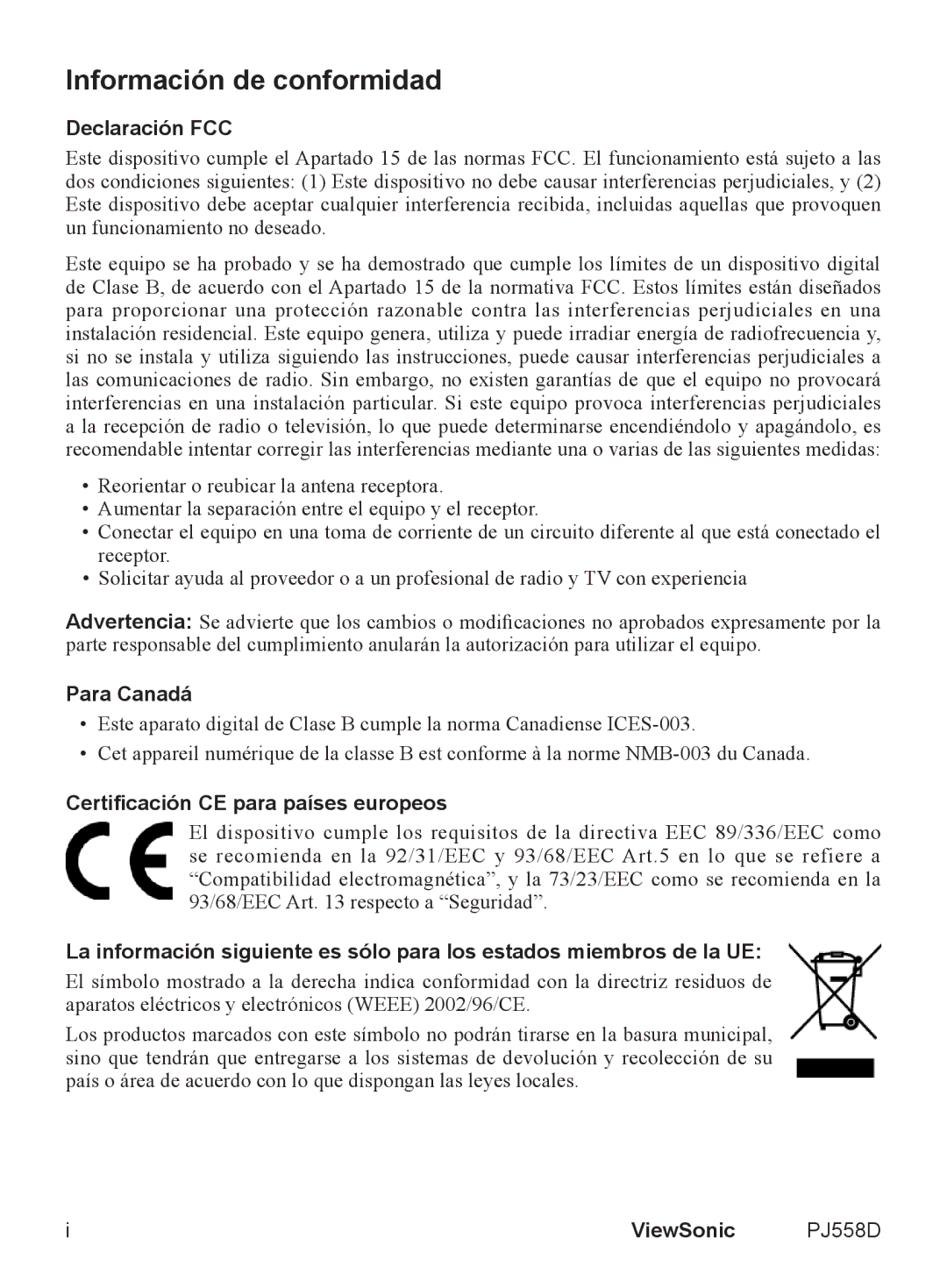 ViewSonic VS11529 manual Información de conformidad, Declaración FCC 