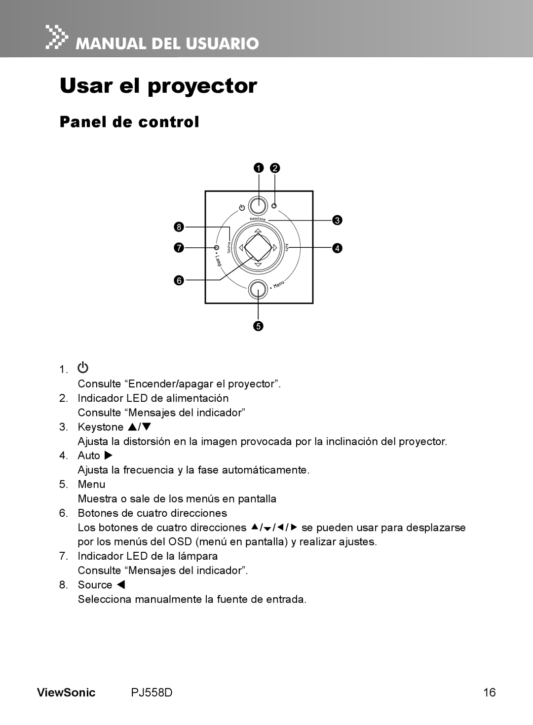 ViewSonic VS11529 manual Usar el proyector, Panel de control 