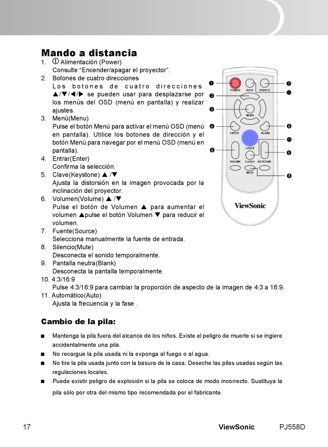 ViewSonic VS11529 manual Mando a distancia, Cambio de la pila 