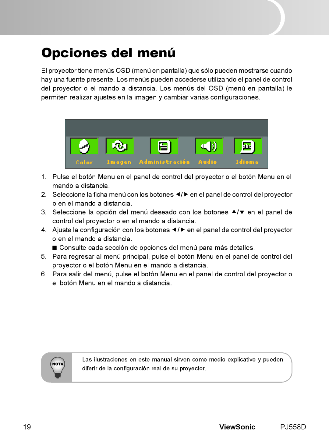 ViewSonic VS11529 manual Opciones del menú 