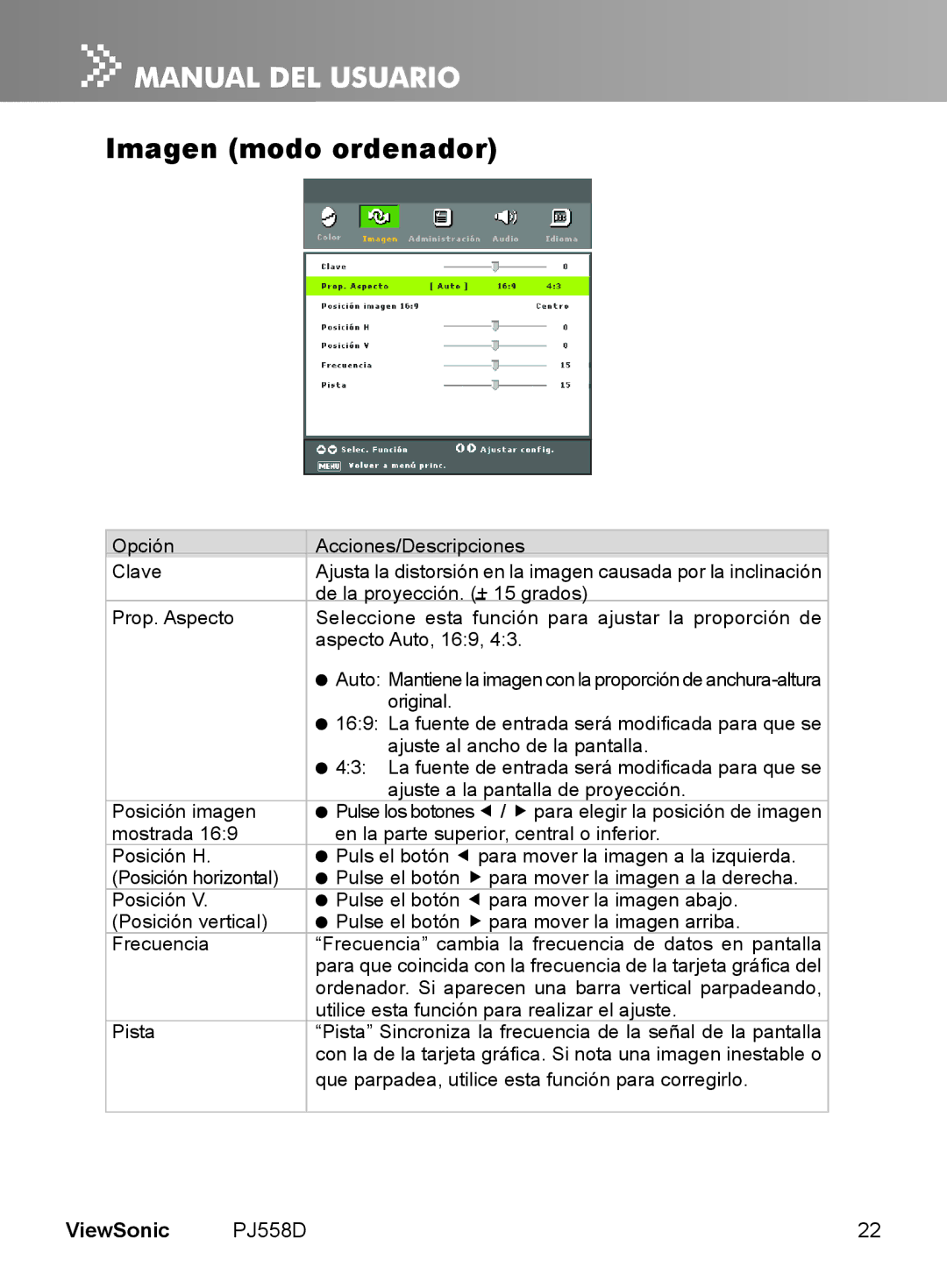 ViewSonic VS11529 manual Imagen modo ordenador 