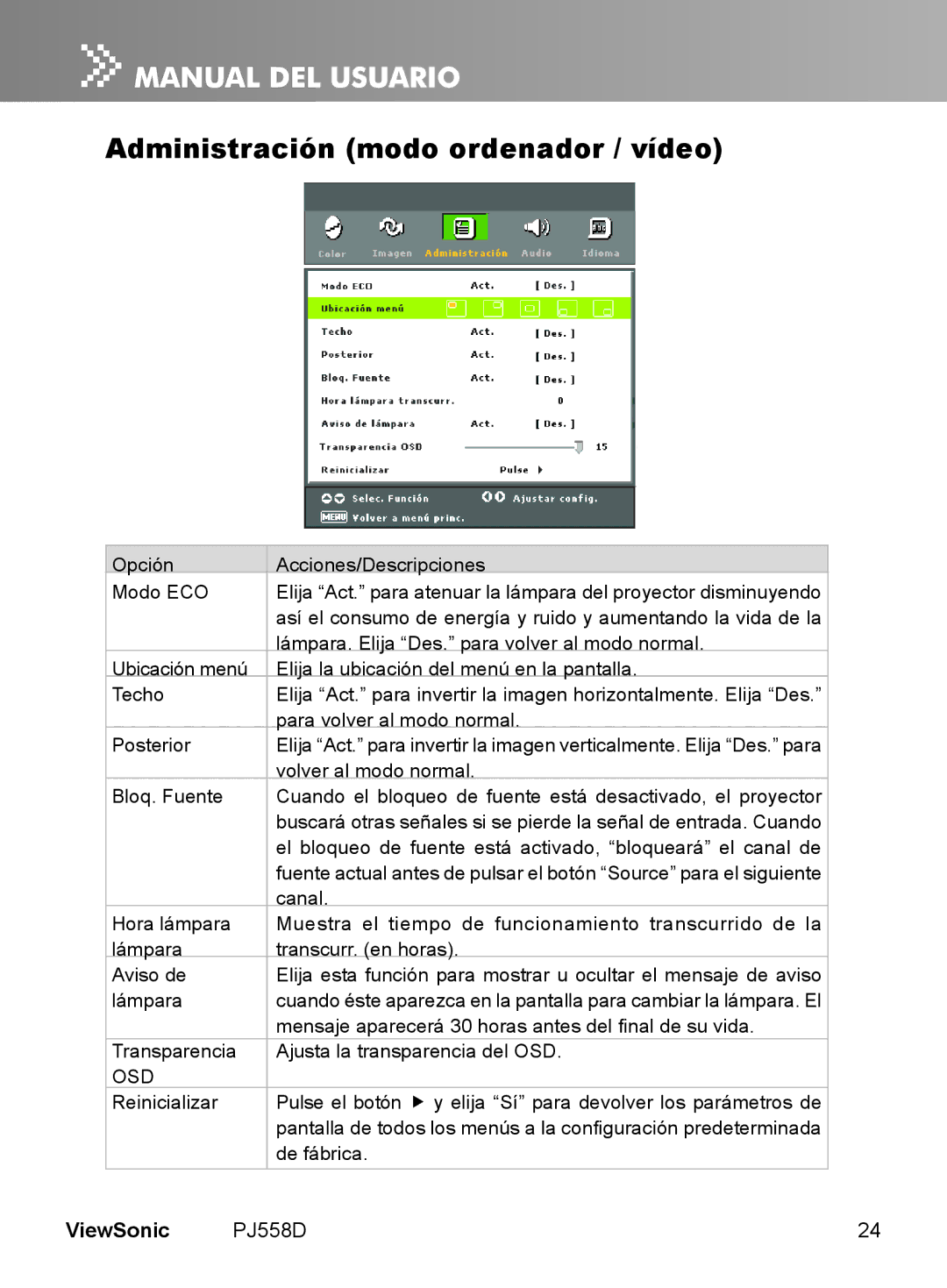 ViewSonic VS11529 manual Administración modo ordenador / vídeo, Osd 