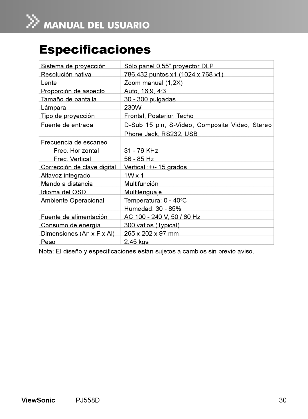 ViewSonic VS11529 manual Especificaciones 