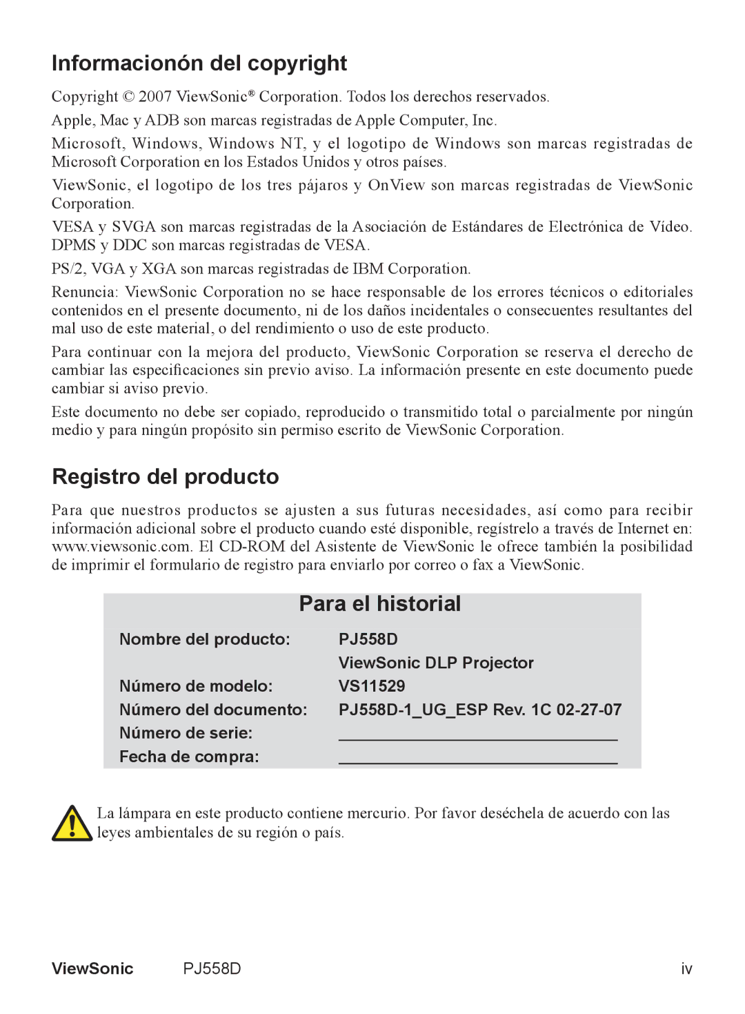 ViewSonic VS11529 manual Informacionón del copyright, Registro del producto Para el historial 