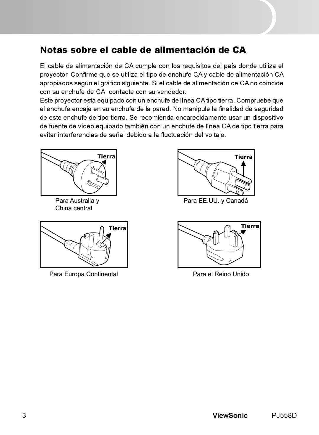 ViewSonic VS11529 manual Notas sobre el cable de alimentación de CA 