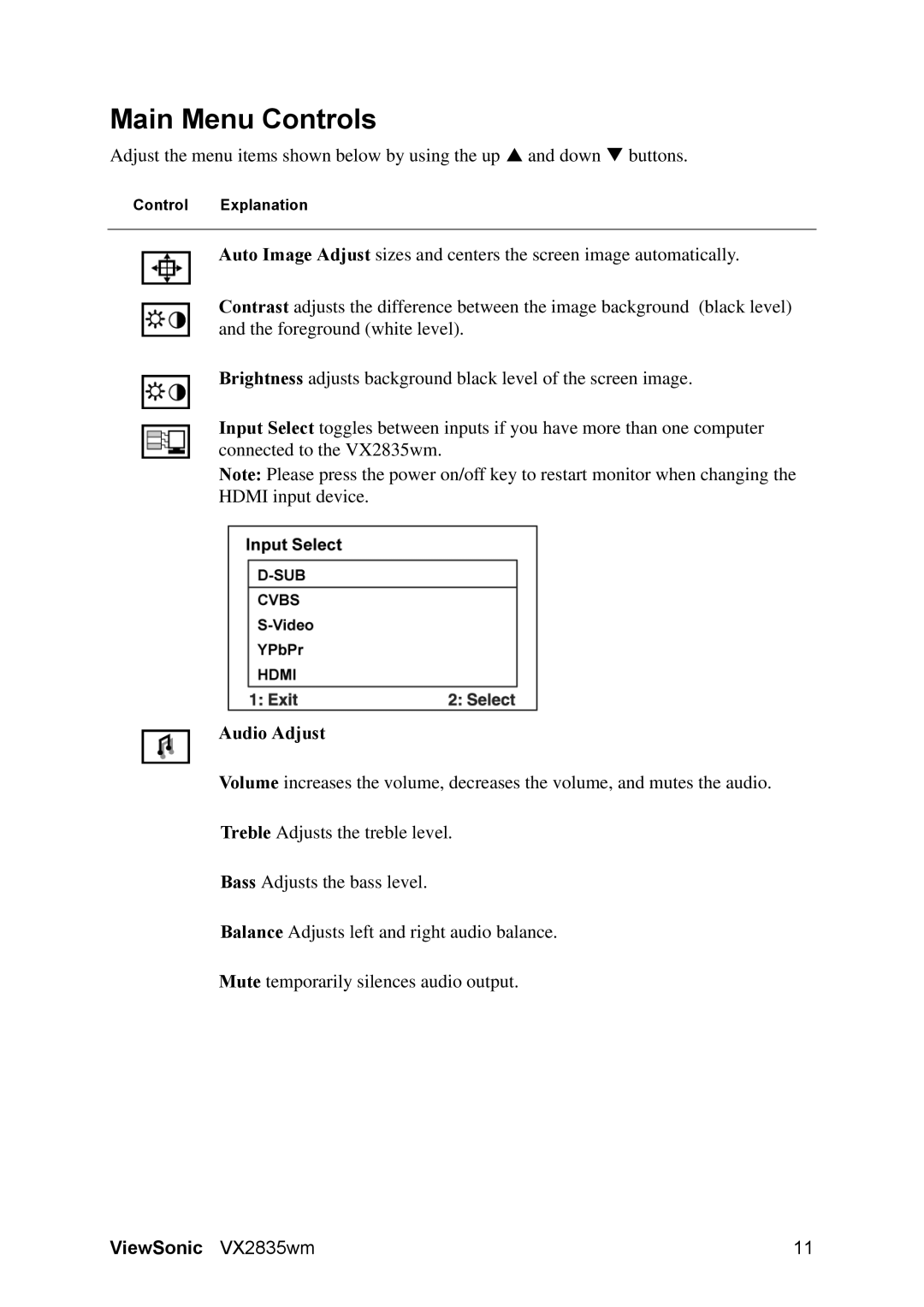 ViewSonic VS11531 manual Main Menu Controls, Audio Adjust 