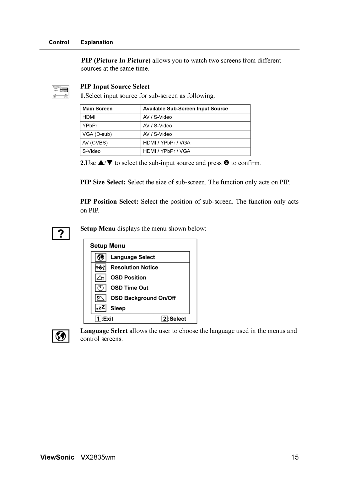 ViewSonic VS11531 manual PIP Input Source Select 