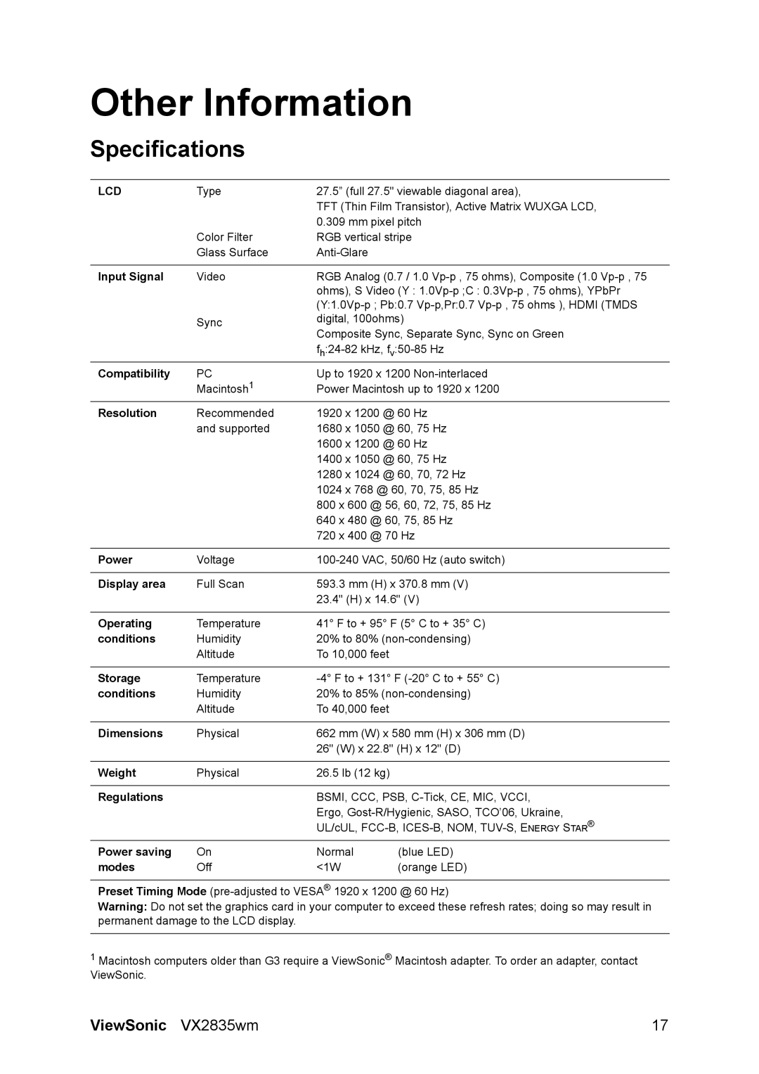 ViewSonic VS11531 manual Other Information, Specifications 